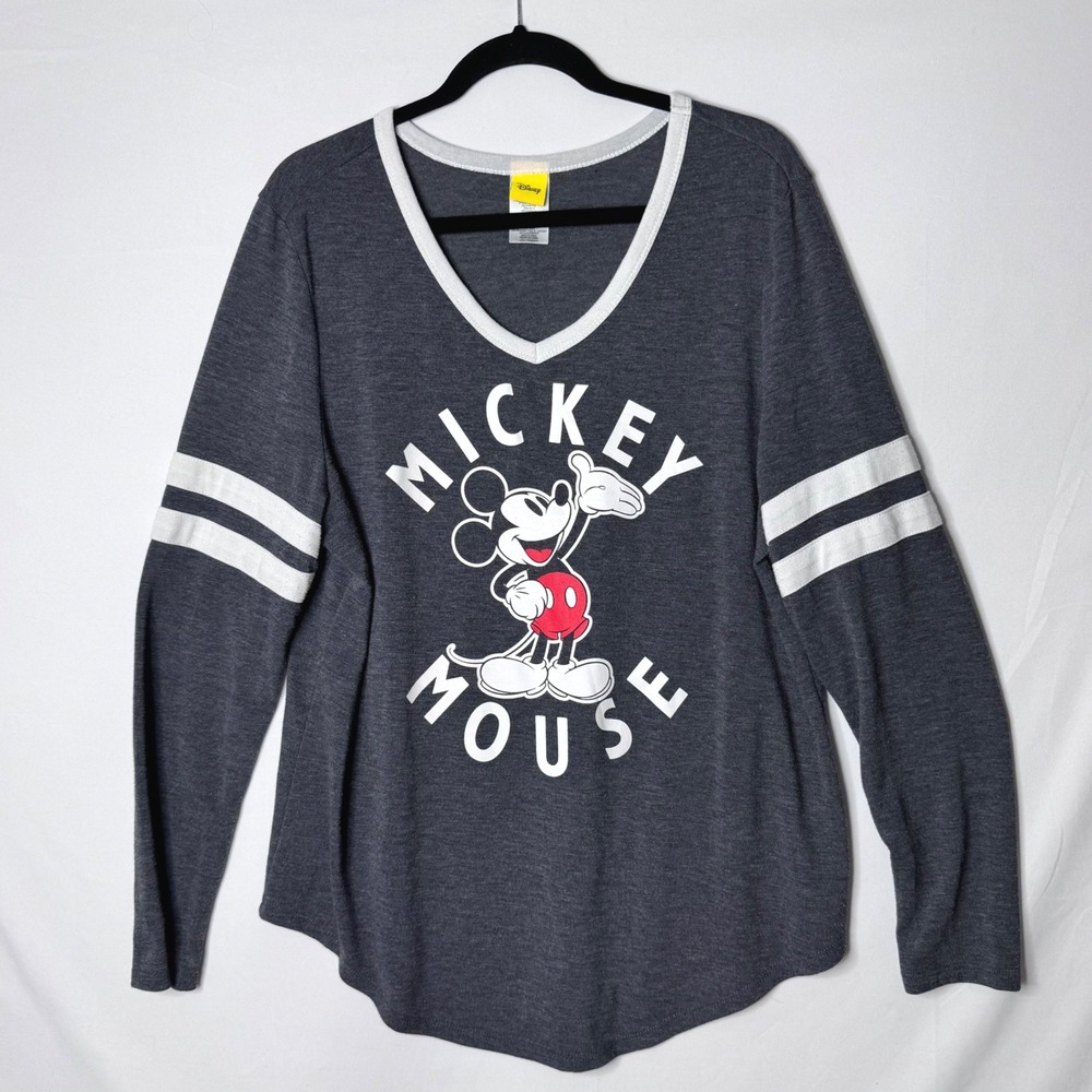 Disney Mickey Mouse Shirt Juniors XXL Varsity Stripe Graphic Retro V-Neck